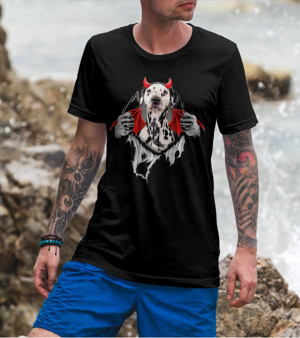 Funny Dalmatian Dog Dracula Halloween Horns Wings Costume T-Shirt