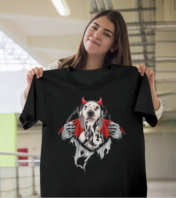 Funny Dalmatian Dog Dracula Halloween Horns Wings Costume T-Shirt