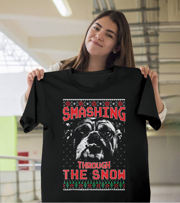 Smashing Through The Snow English Bulldog Christmas T-Shirt