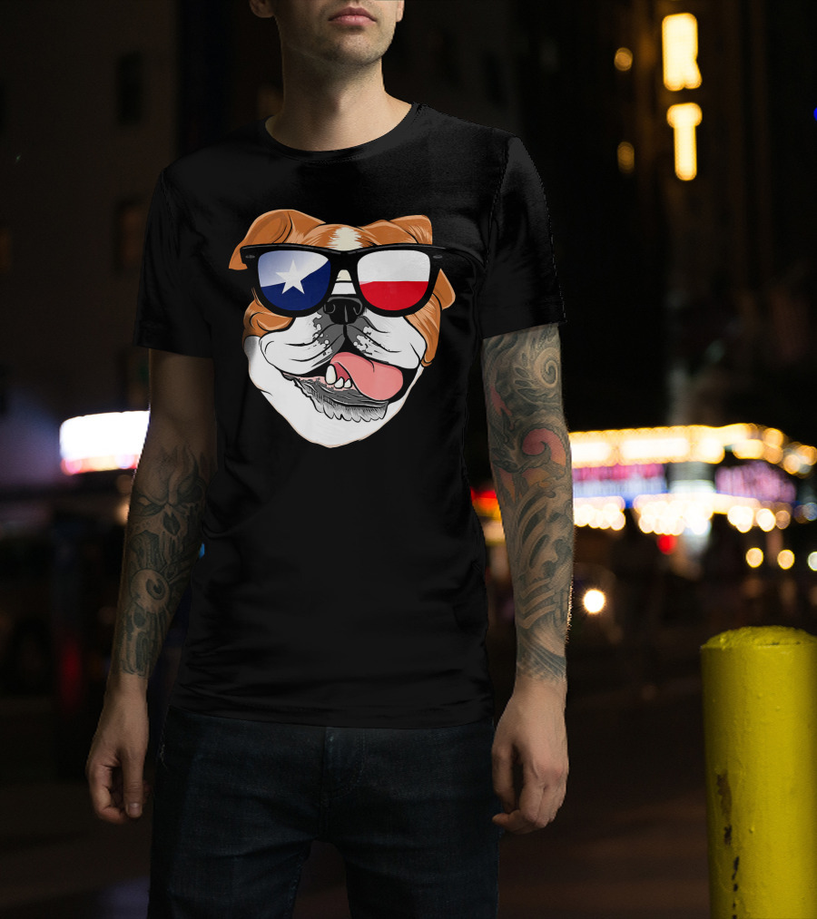 English Bulldog With Texas Flag Sunglasses T-Shirt