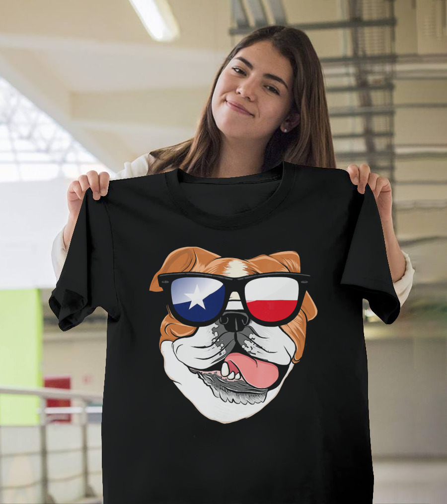 English Bulldog with Texas Flag Sunglasses T-Shirt