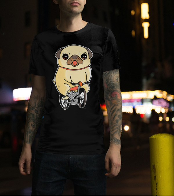 Funny Pug Puppy Riding A Bicycle Dog Cute Cartoon T-Shirt