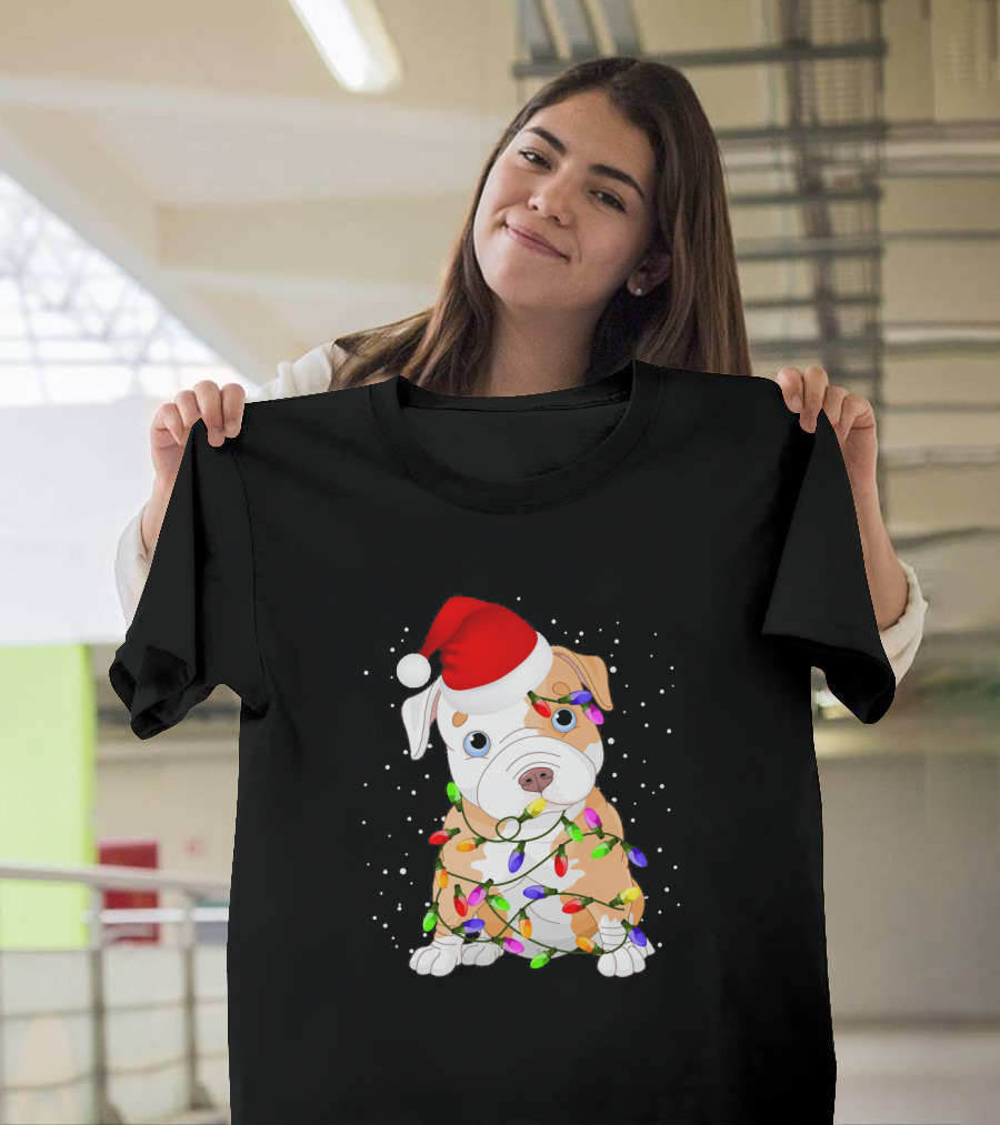 English Bulldog Santa With Christmas Lights T-Shirt