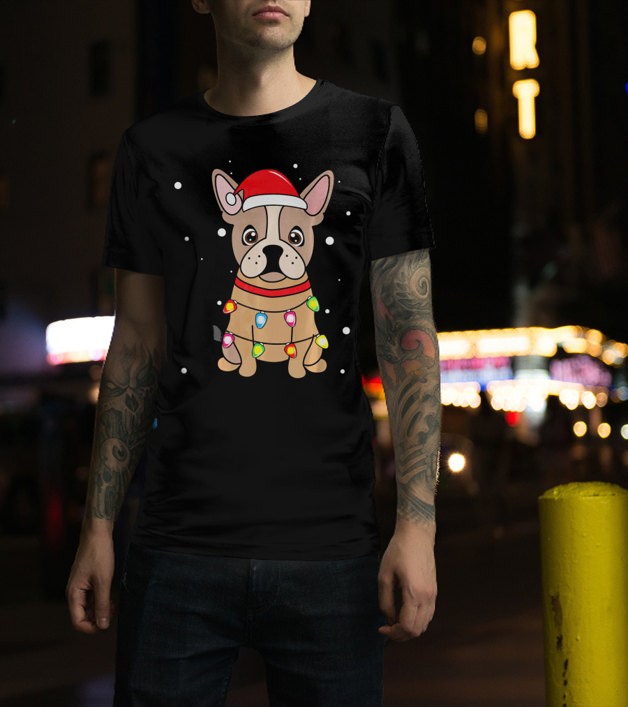 French Bulldog With Santa Hat And Christmas Lights T-Shirt