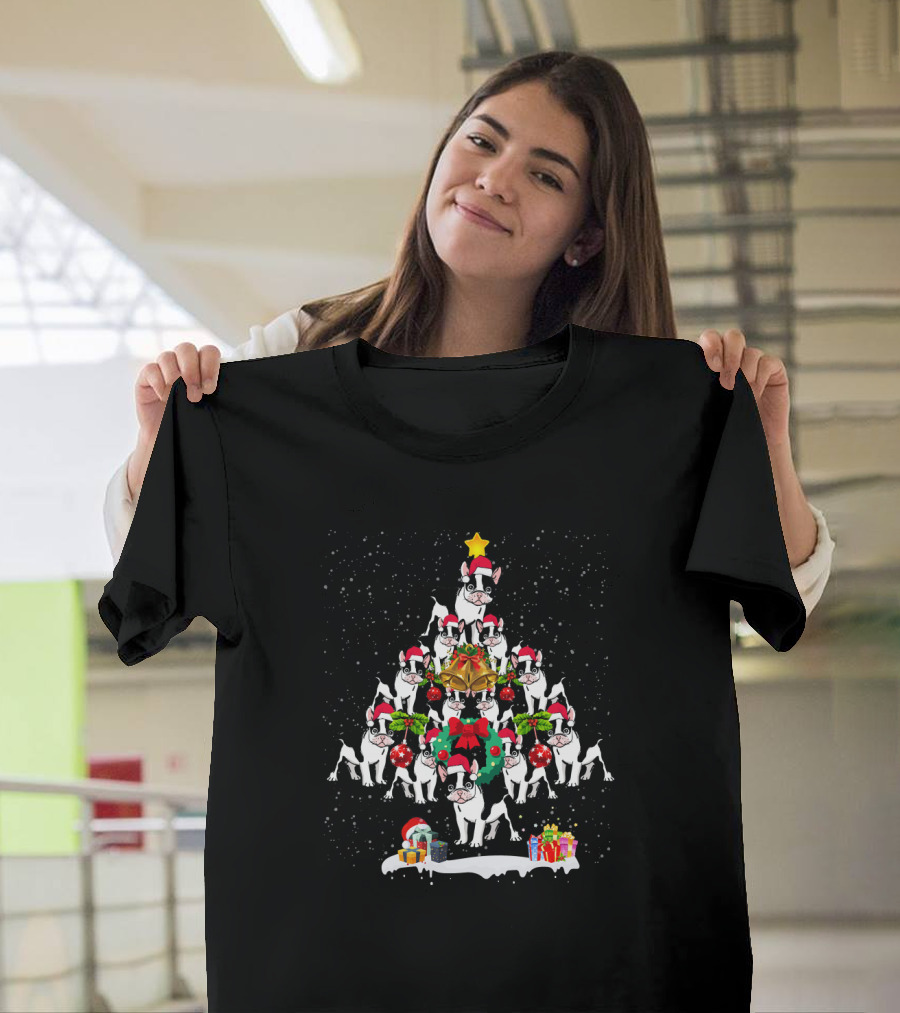 Funny French Bulldog Christmas Tree Holiday Santa Hats Snowflakes T-Shirt