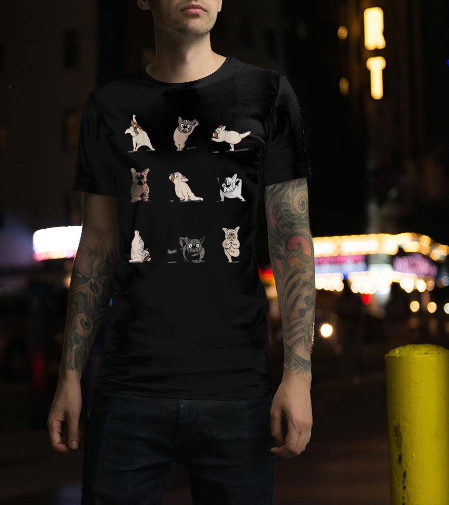 French Bulldog Yoga Poses Funny Frenchie Dog Cartoons T-Shirt