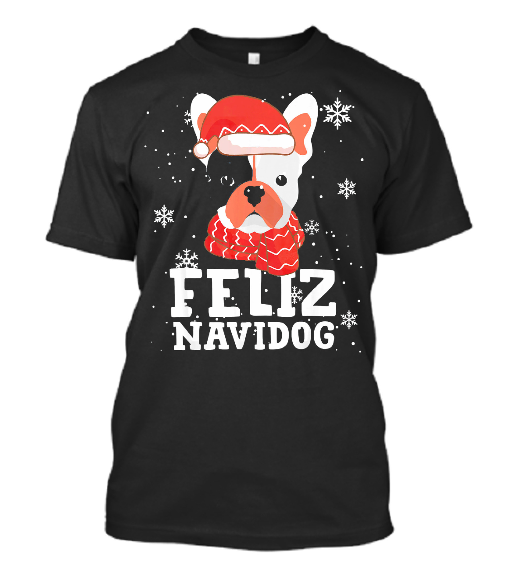 Feliz Navidog French Bulldog Christmas Snowflakes Santa Hat T-Shirt