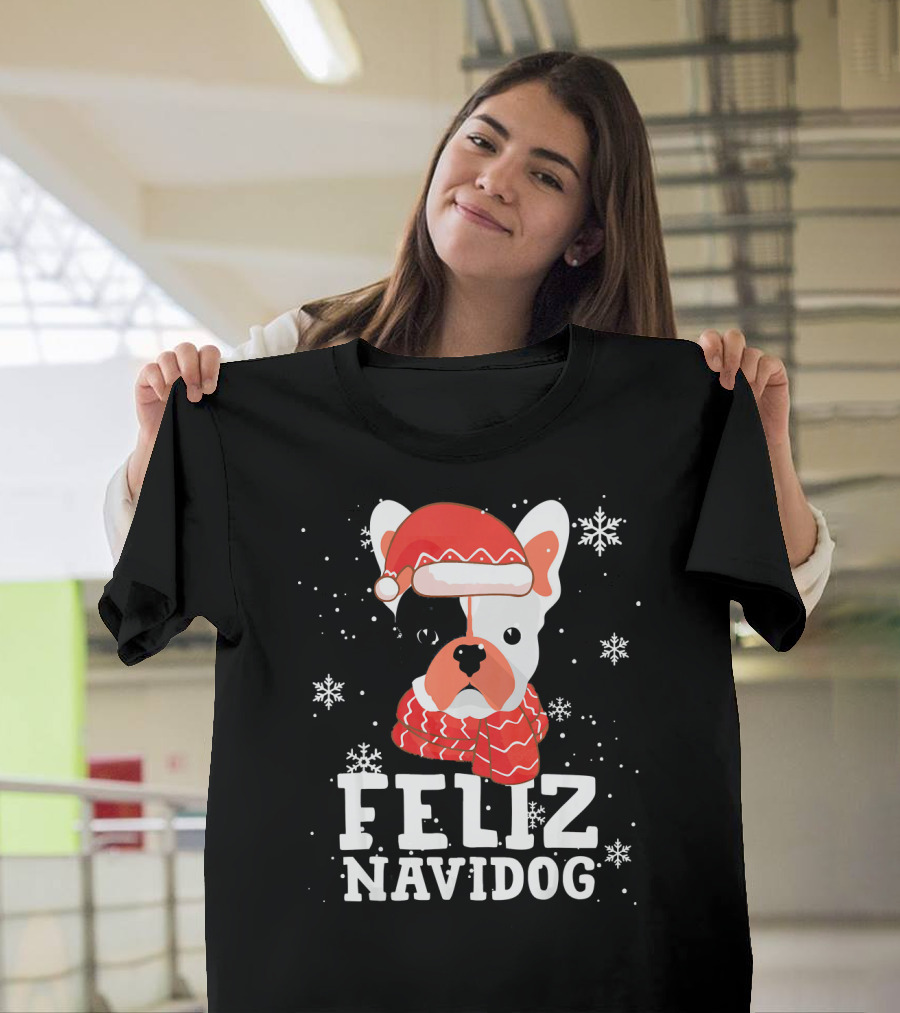 Feliz Navidog French Bulldog Christmas Snowflakes Santa Hat T-Shirt