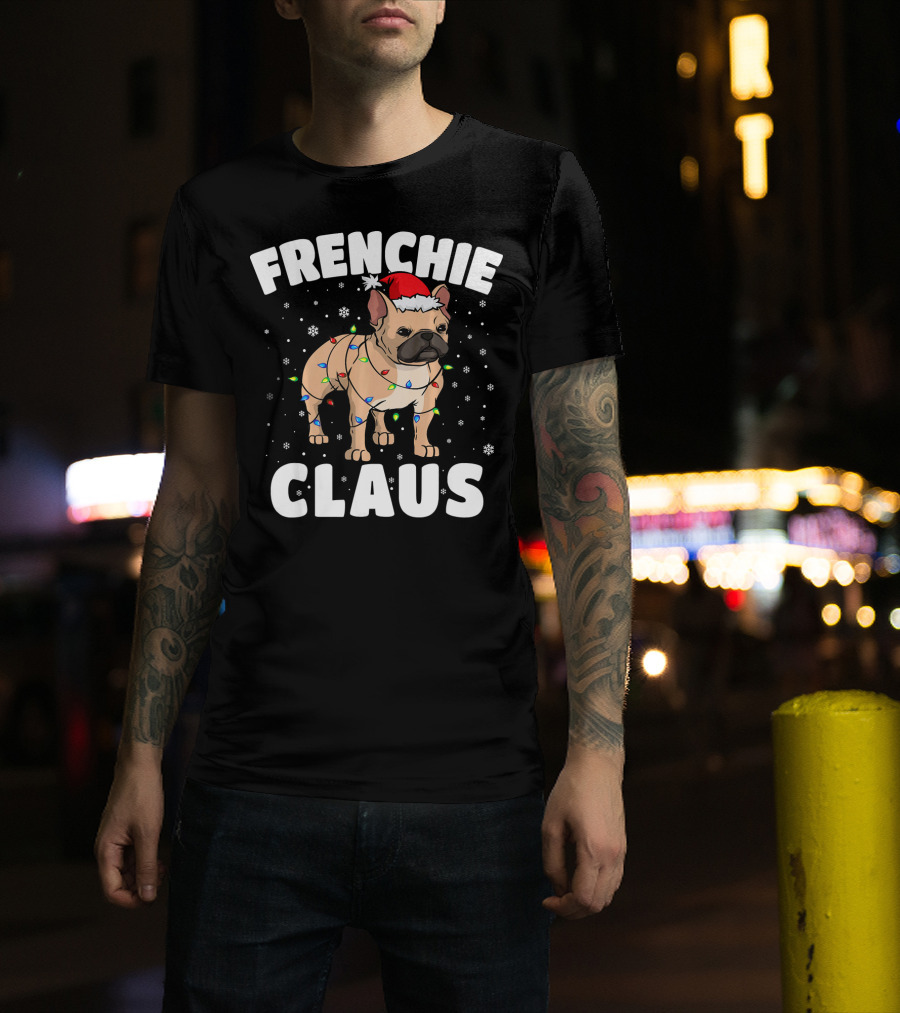 Frenchie Claus Cute French Bulldog Wrapped In Christmas Lights T-Shirt