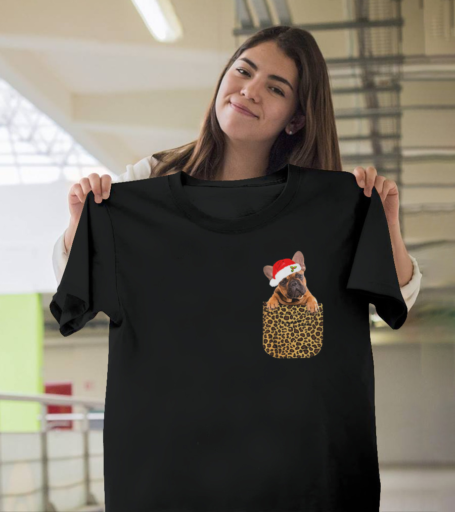 French Bulldog Leopard Pocket Santa Hat Cute Frenchi T-Shirt