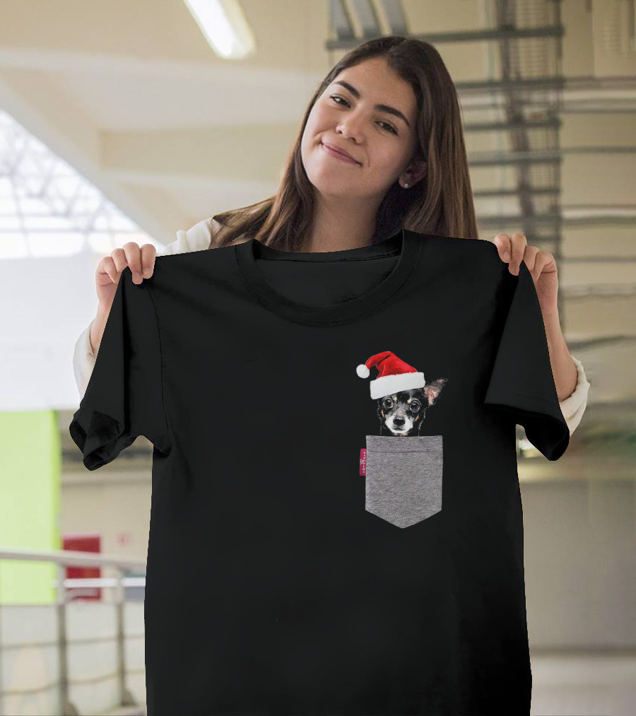 Santa Hat Black Chihuahua in a Festive Pocket T-Shirt
