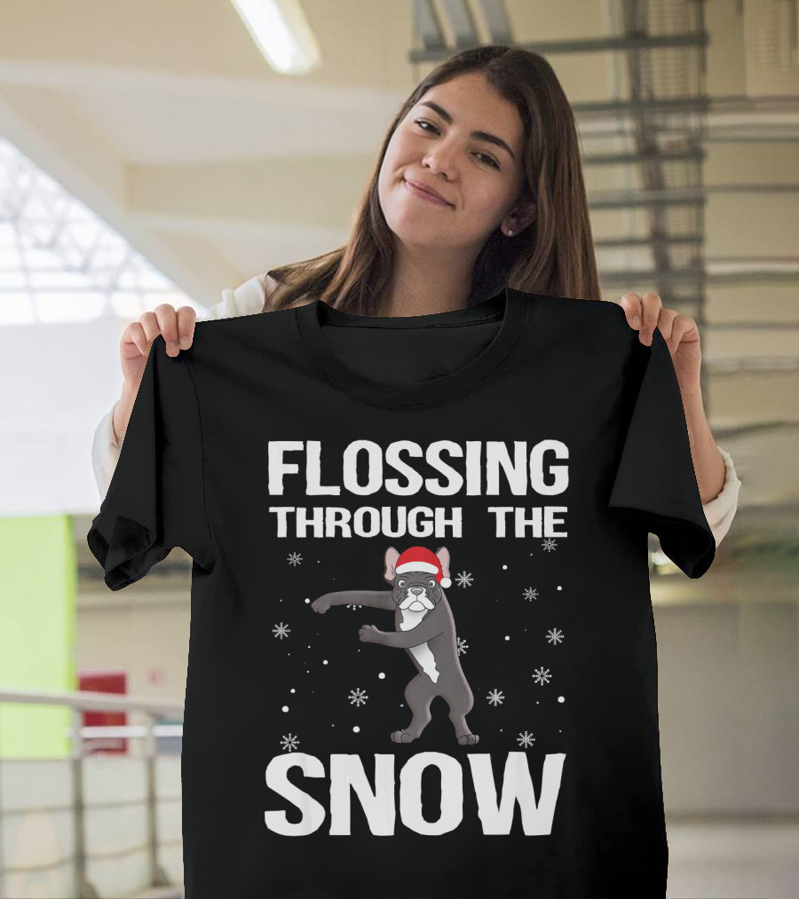 Flossing Through the Snow French Bulldog Santa Hat T-Shirt