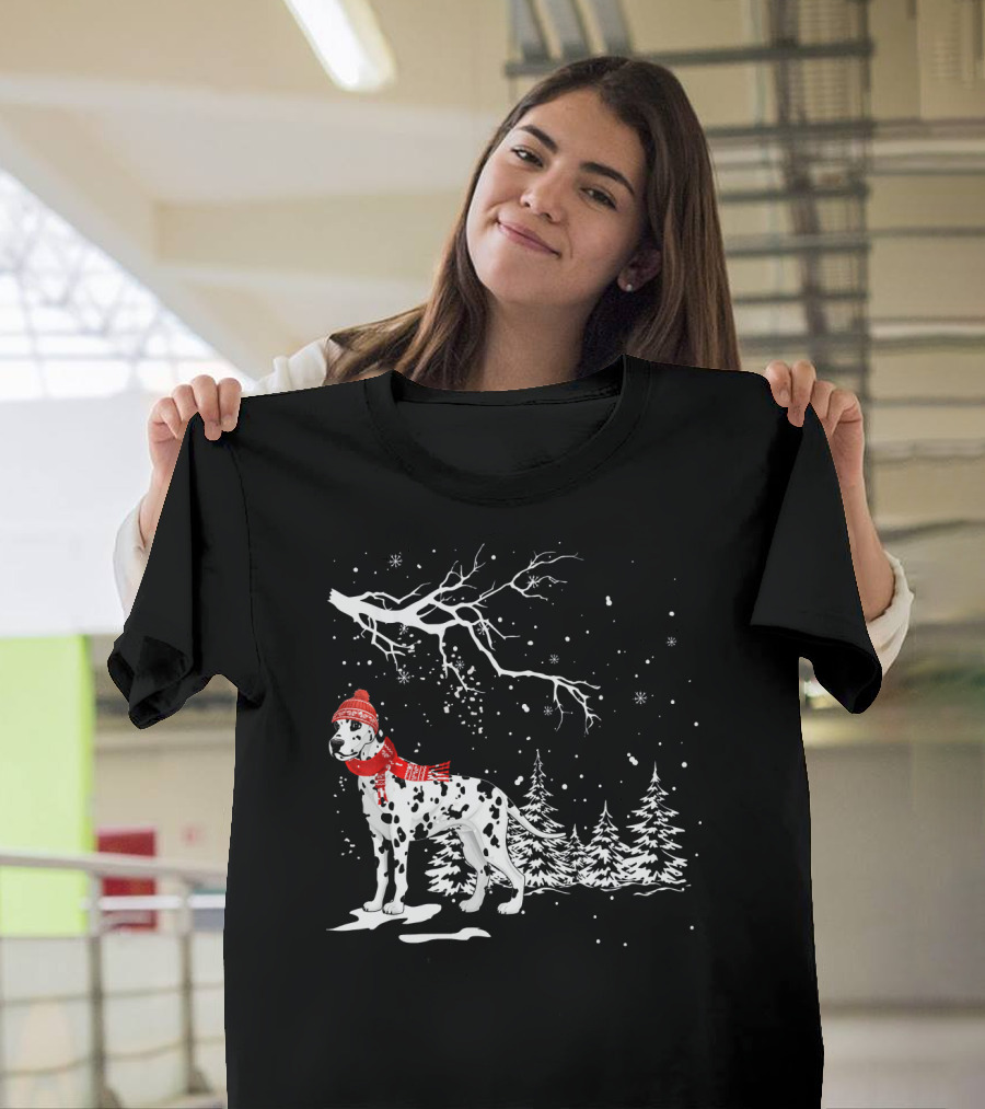 Dalmatian Dog in Snowy Forest with Red Scarf and Hat T-Shirt