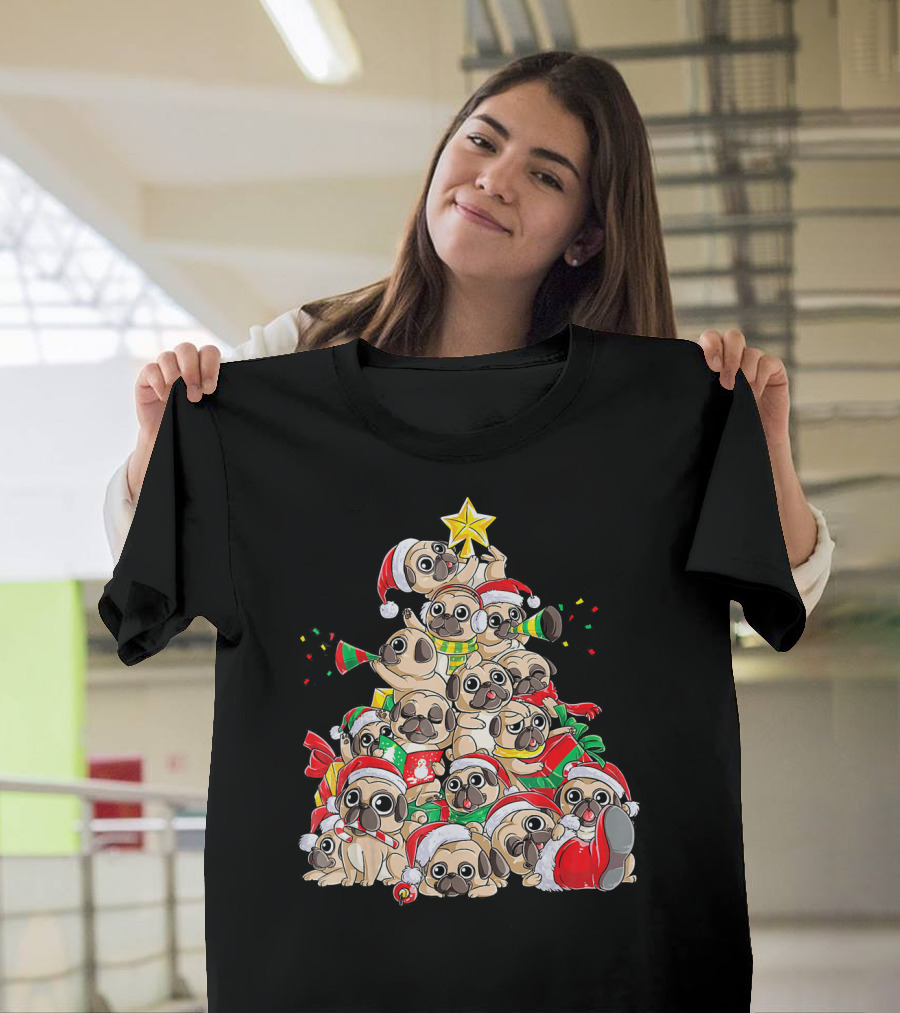 Pug Christmas Merry Pugmas Santa Hat Holiday Tree of Pugs T-Shirt
