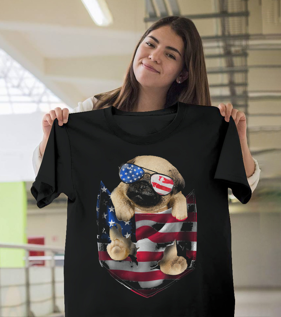 Pug In American Flag Sunglasses Pocket 4th July T-Shirt