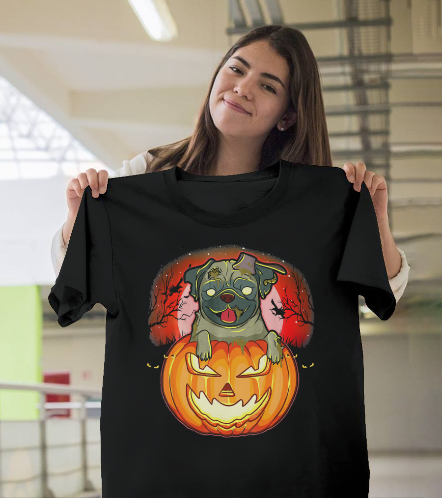 Halloween Pug Zombie Jack O Lantern Dog with Haunted Night Background T-Shirt