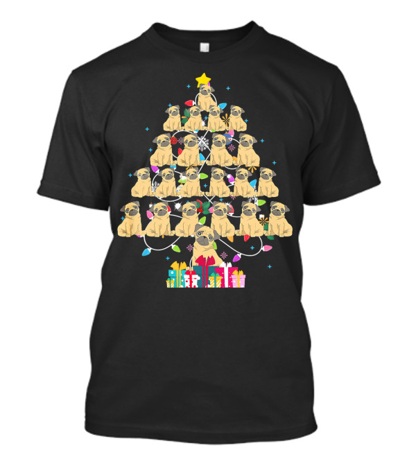 Pug Christmas Tree Lights With Stars And Gifts T-Shirt