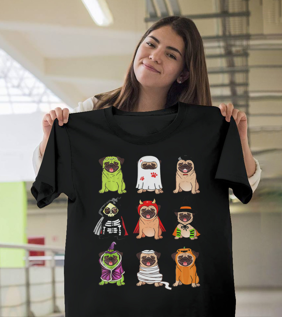 Pug Halloween Costumes Funny Dogs Ghost Devil Skeleton Mummy Witch Pumpkins T-Shirt