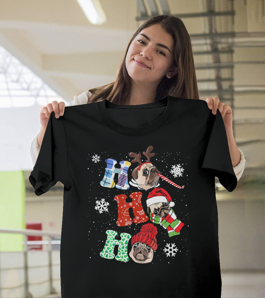 Ho Ho Ho Funny Pug Christmas Xmas Dog with Antlers Santa Hat and Scarf Snowflakes T-Shirt
