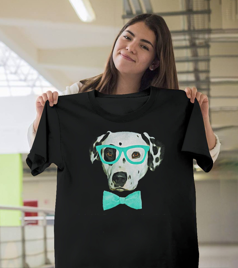 Dalmatian Dog Wearing Turquoise Glasses and Bow Tie T-Shirt