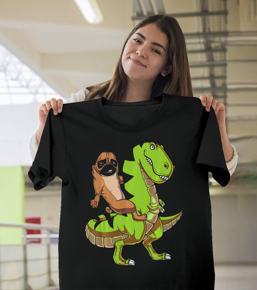 Pug Dog Riding Green T-Rex Dinosaur T-Shirt