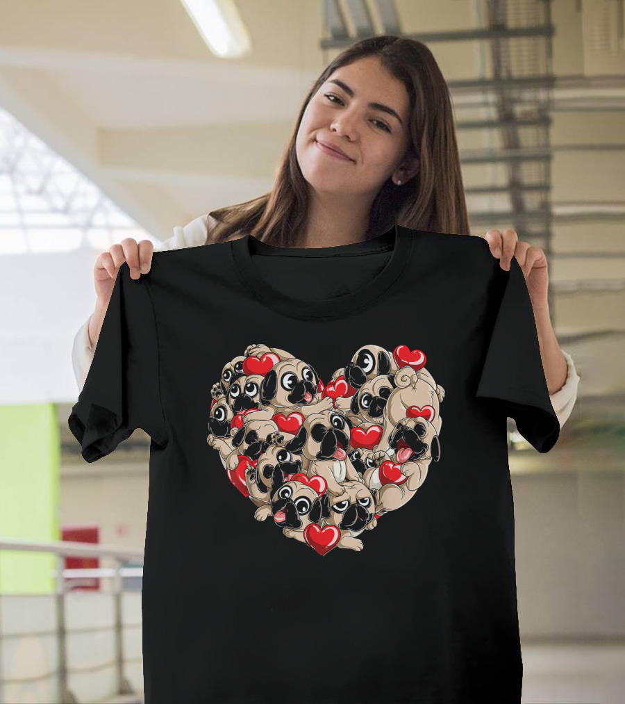 Heart Shaped Pug Valentines Day Puppies with Red Hearts T-Shirt