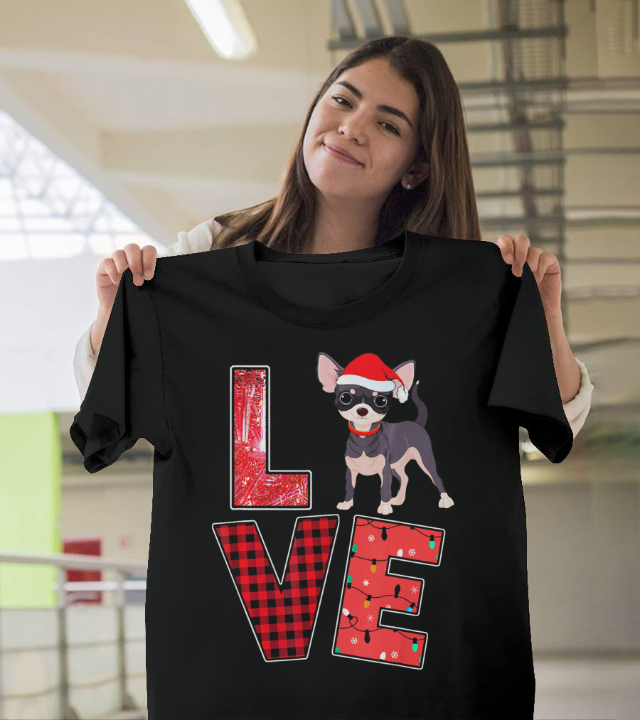 LOVE Christmas Chihuahua Santa Hat Lights Plaid T-Shirt