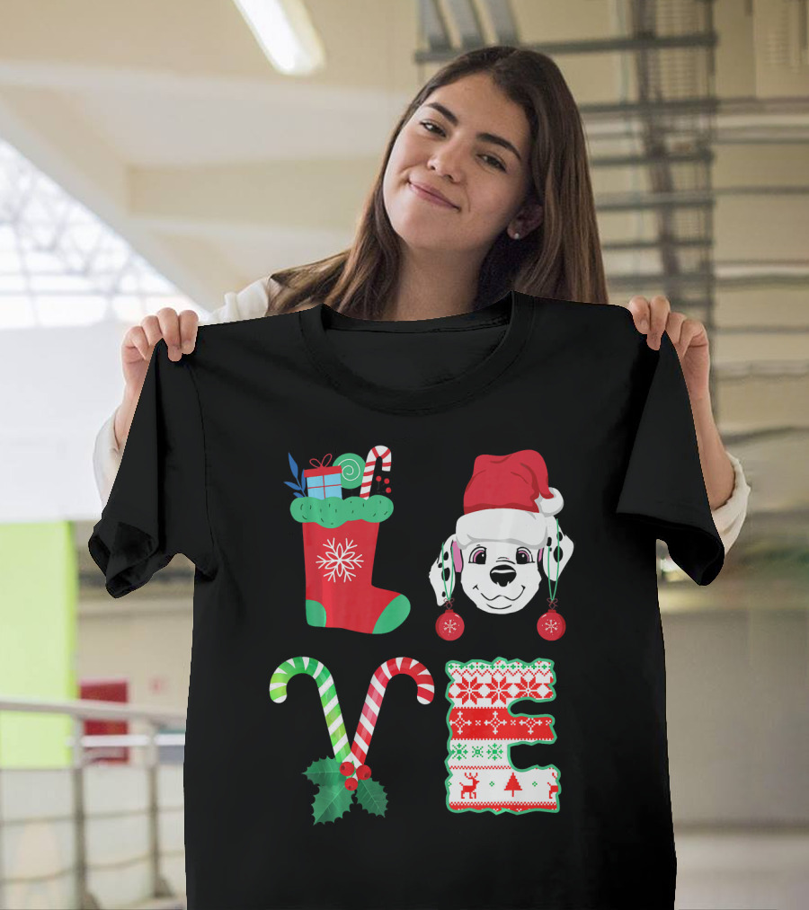 Love My Dalmatian Christmas Dog Stocking Candy Cane Santa Hat Snowflakes Holiday T-Shirt