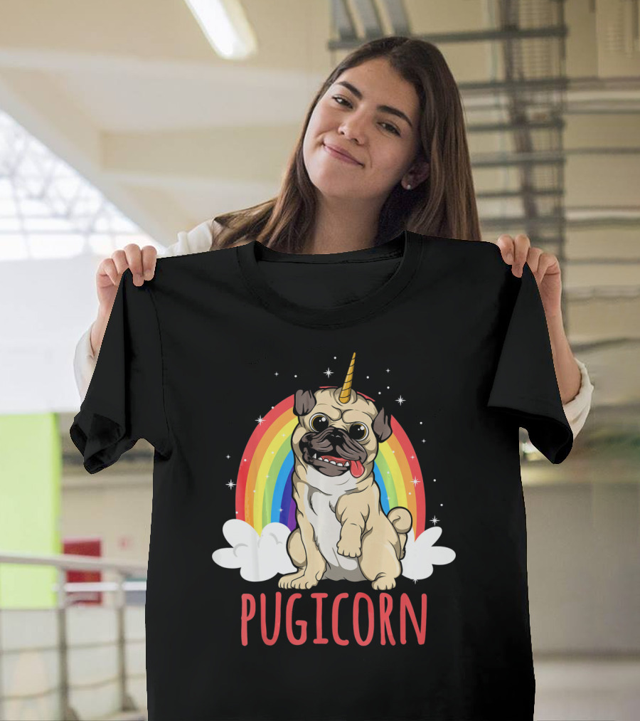 Pugicorn Pug Unicorn Rainbow with Clouds and Stars T-Shirt