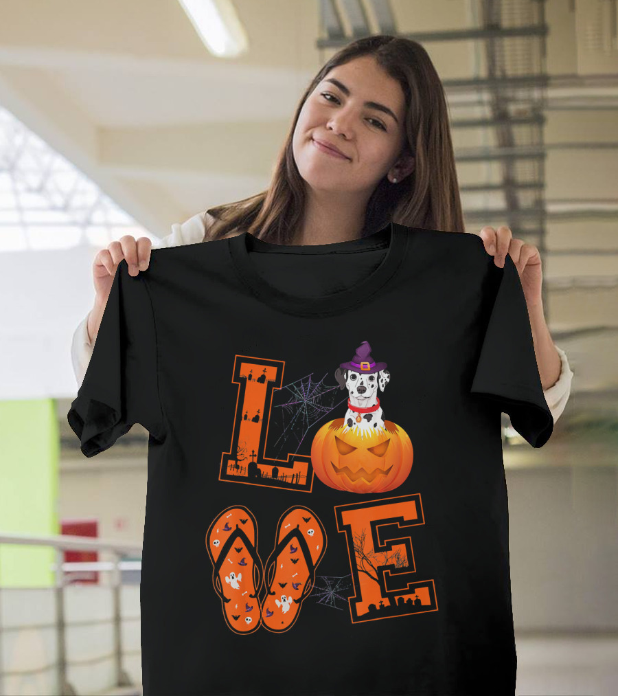 LOVE Dalmatian Pumpkin Halloween Flip Flops T-Shirt