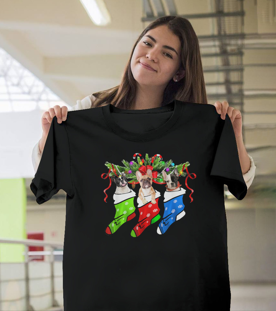 Three French Bulldogs in Festive Christmas Stockings with Candy Canes and Bows T-Shirt