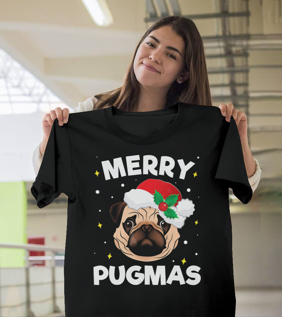 Merry Pugmas Merry Christmas Pug Santa Hat T-Shirt