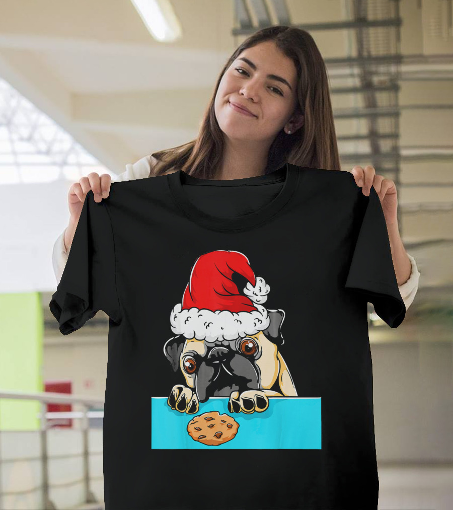 Pug Dog with Santa Claus Hat Looking at Cookie Funny Chris T-Shirt