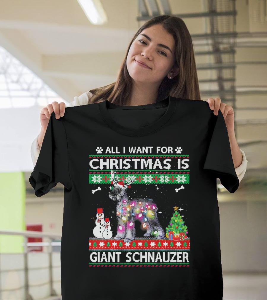 All I Want For Christmas Is Giant Schnauzer Christmas Dog Lights Snowman Tree T-Shirt