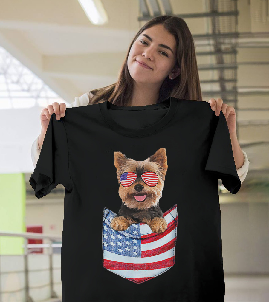 Yorkshire Terrier Yorkie in American Flag Pocket with Sunglasses T-Shirt