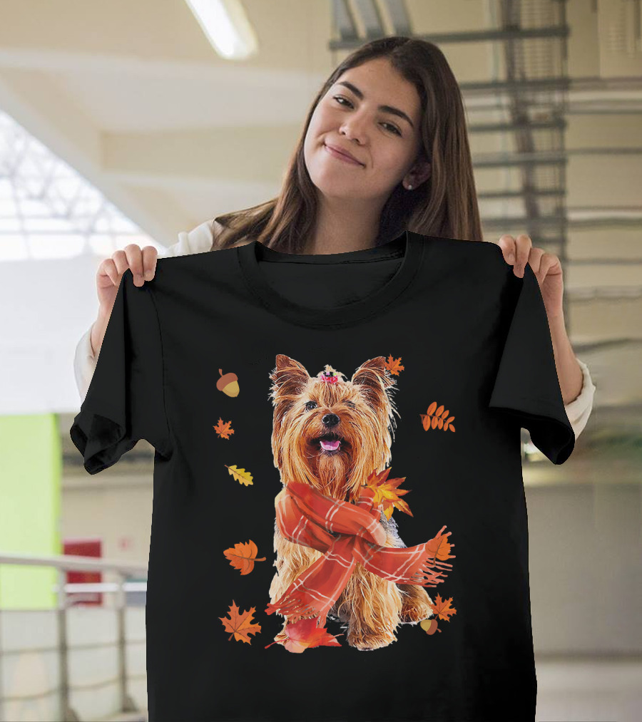 Cute Yorkshire Terrier Dog Autumn Leaves Scarf Acorn T-Shirt