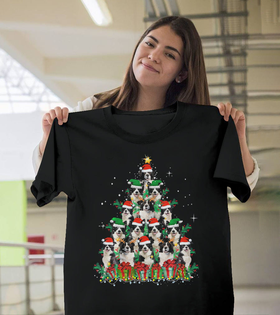 Cute Border Collie Christmas Tree with Santa Hats and Presents T-Shirt
