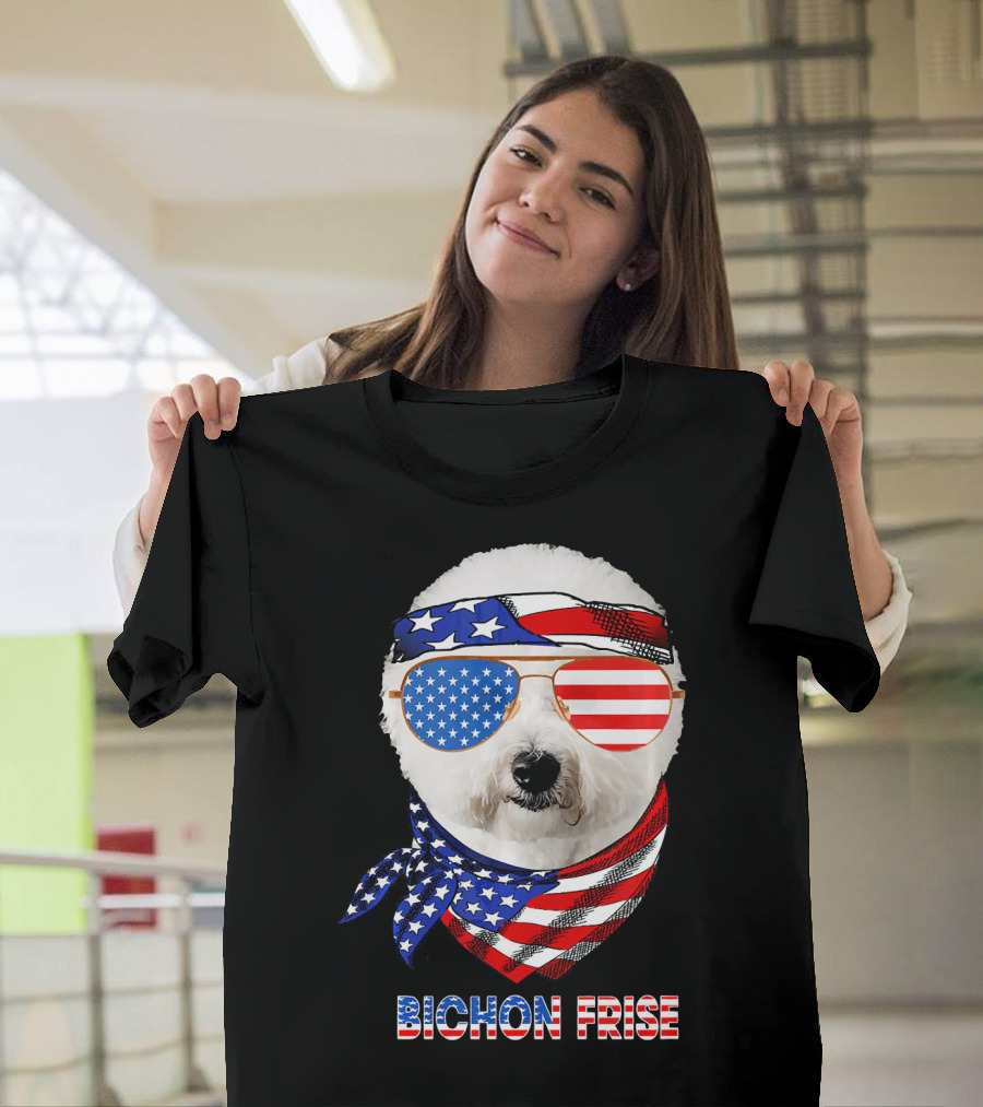 Bichon Frise American Flag Bandana and Sunglasses T-Shirt