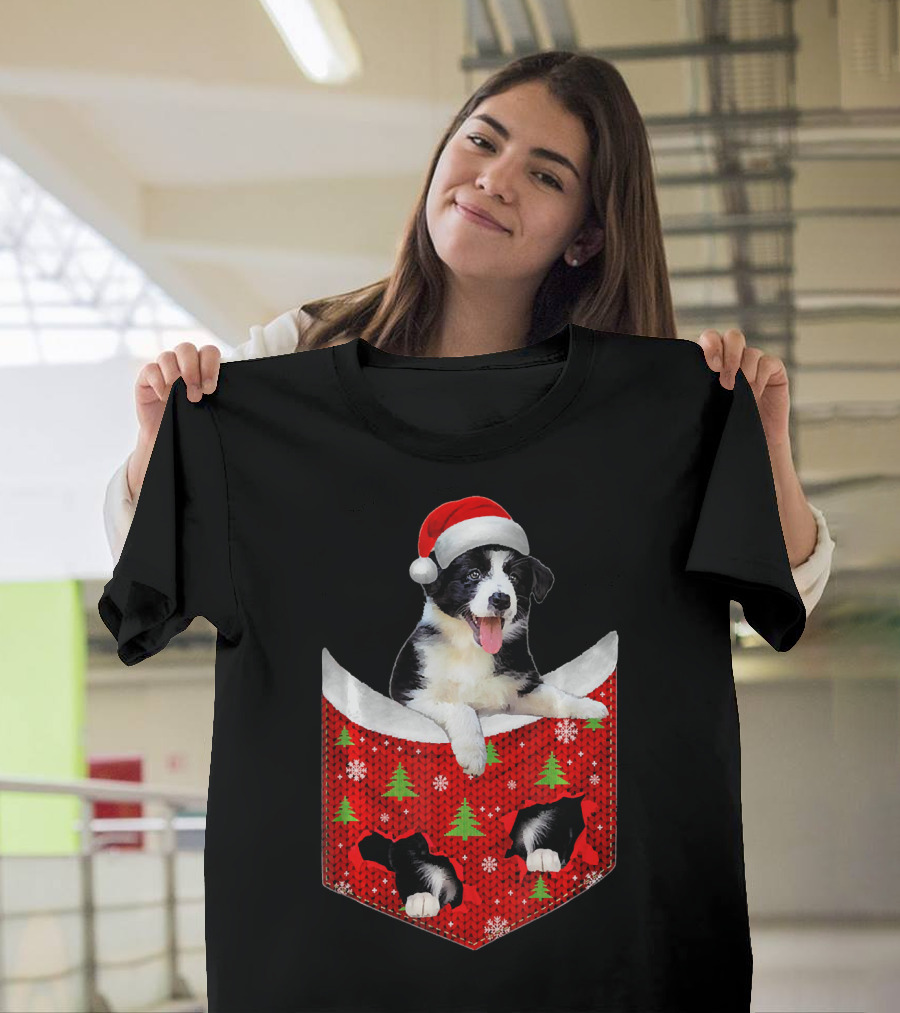 Border Collie Dog Christmas Santa Hat Red Pocket T-Shirt