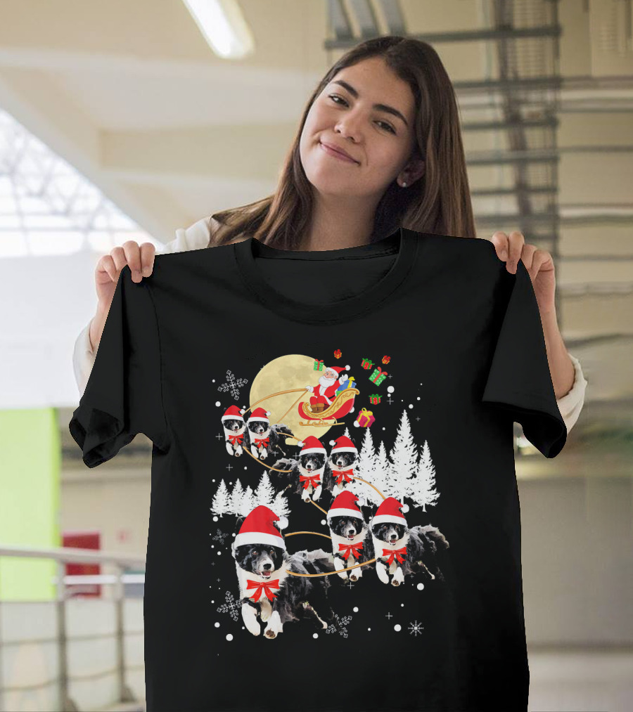 Border Collie Santa Sleigh Christmas Reindeer Snowflakes T-Shirt