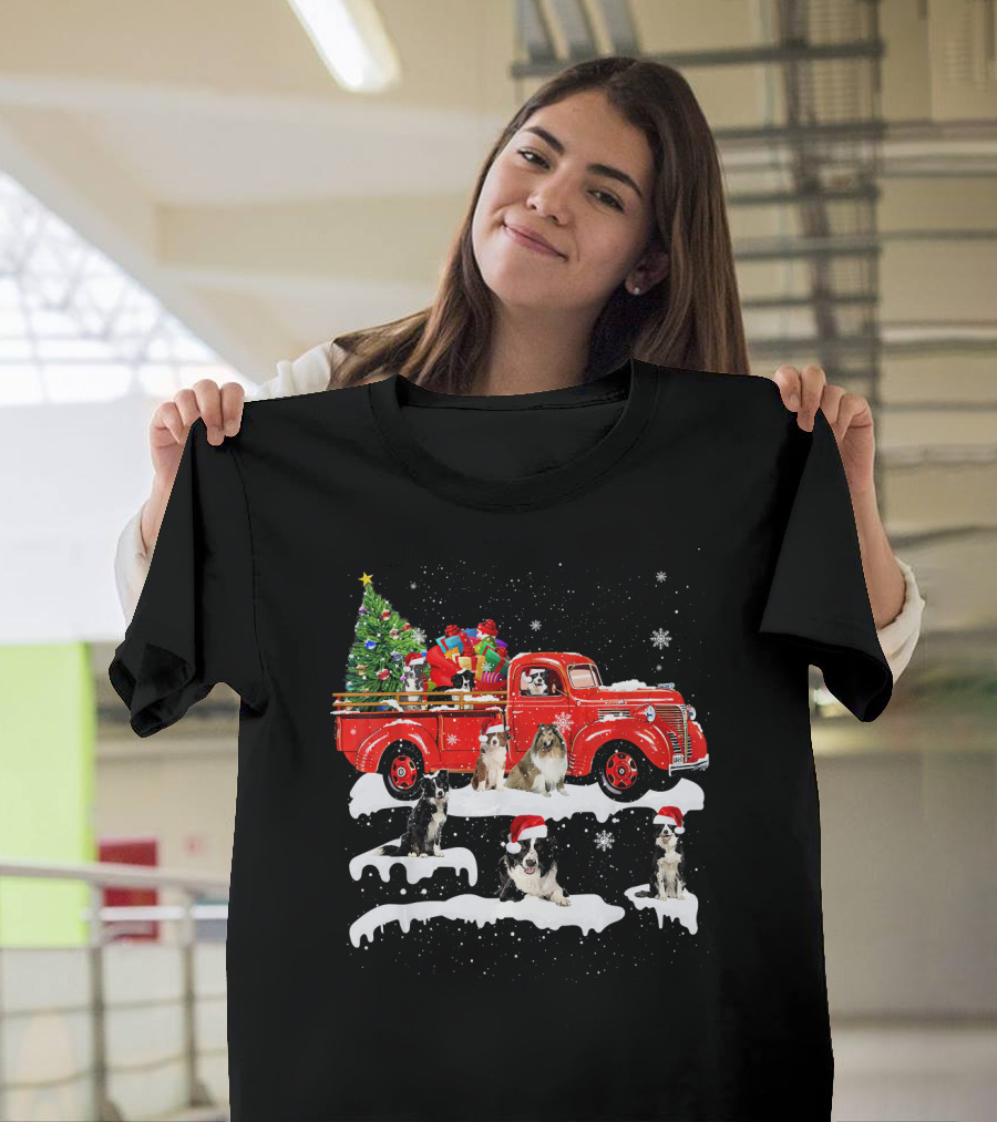 Border Collie Christmas on Vintage Red Truck with Santa Hats and Snowflakes T-Shirt