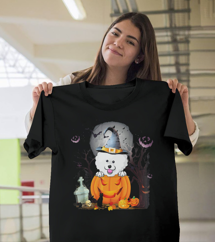 Bichon Frise Dog in Witch Hat with Pumpkin and Halloween Scene T-Shirt