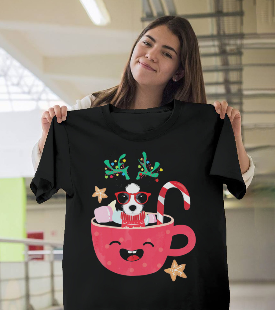 Border Collie in Festive Teacup with Candy Cane and Holiday Antlers T-Shirt