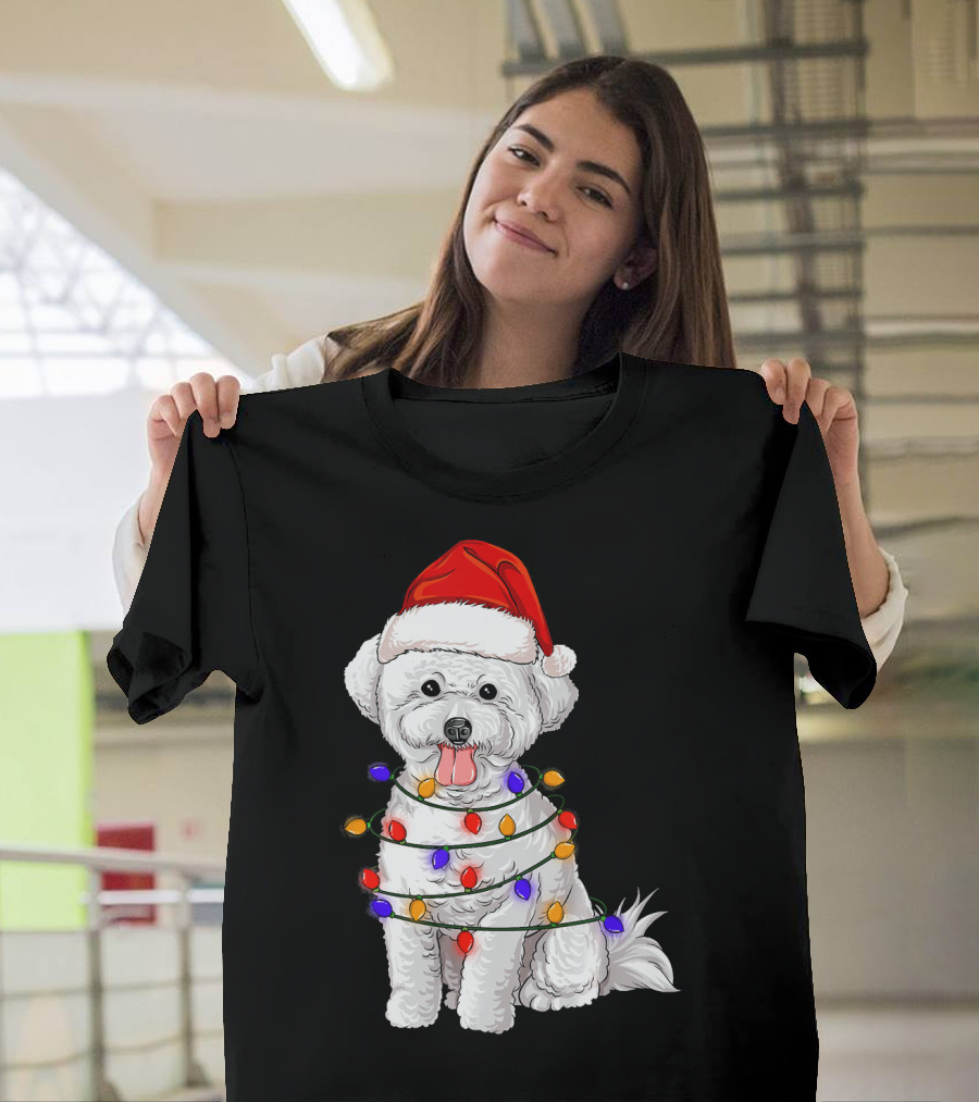 Bichon Frise with Santa Hat and Christmas Lights T-Shirt