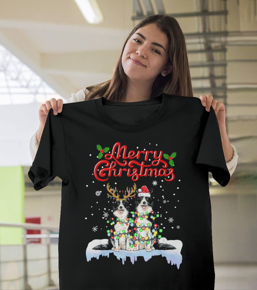 Merry Christmas Border Collie with Lights and Antlers Santa Hat T-Shirt