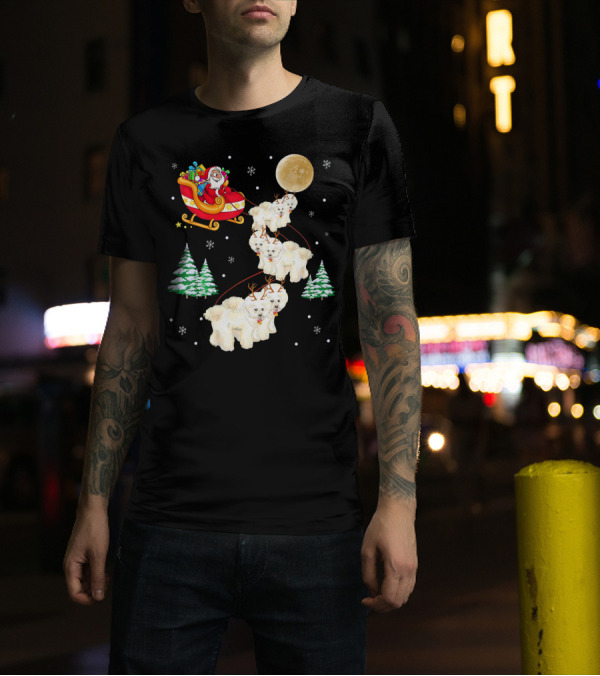 Santa's Sleigh Bichon Frise Reindeer Christmas Moon Snowflakes T-Shirt