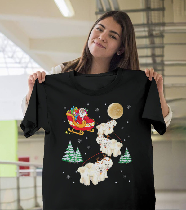 Santa's Sleigh Bichon Frise Reindeer Christmas Moon Snowflakes T-Shirt