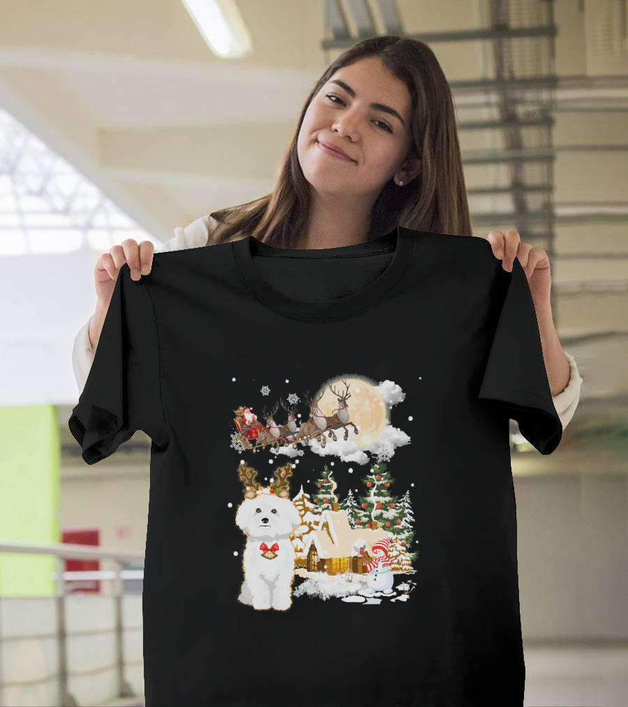 Bichon Frise Christmas Wonderland with Santa and Reindeer T-Shirt