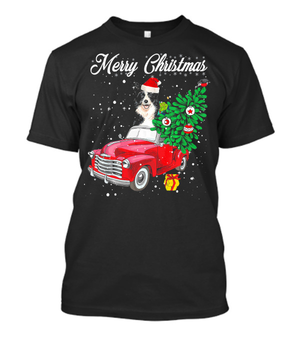 Merry Christmas Border Collie In Santa Hat Driving Red Truck With Christmas Tree And Gifts T-Shirt