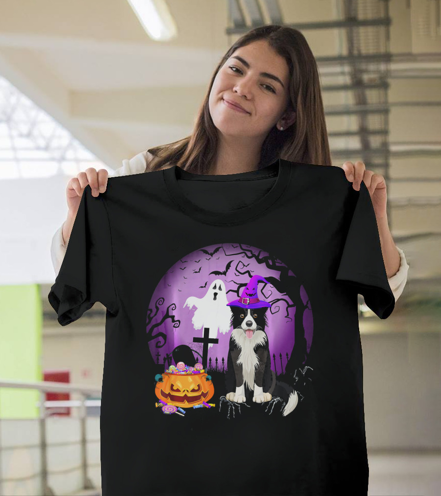 Border Collie Dog Halloween Pumpkin Candy Ghost Moon T-Shirt